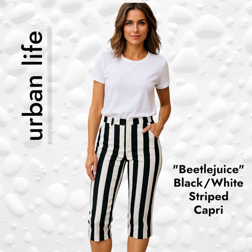 Ladies Black/White Striped Capris - Size 30-31" "BEETLEJUICE" Inspired - NWOT